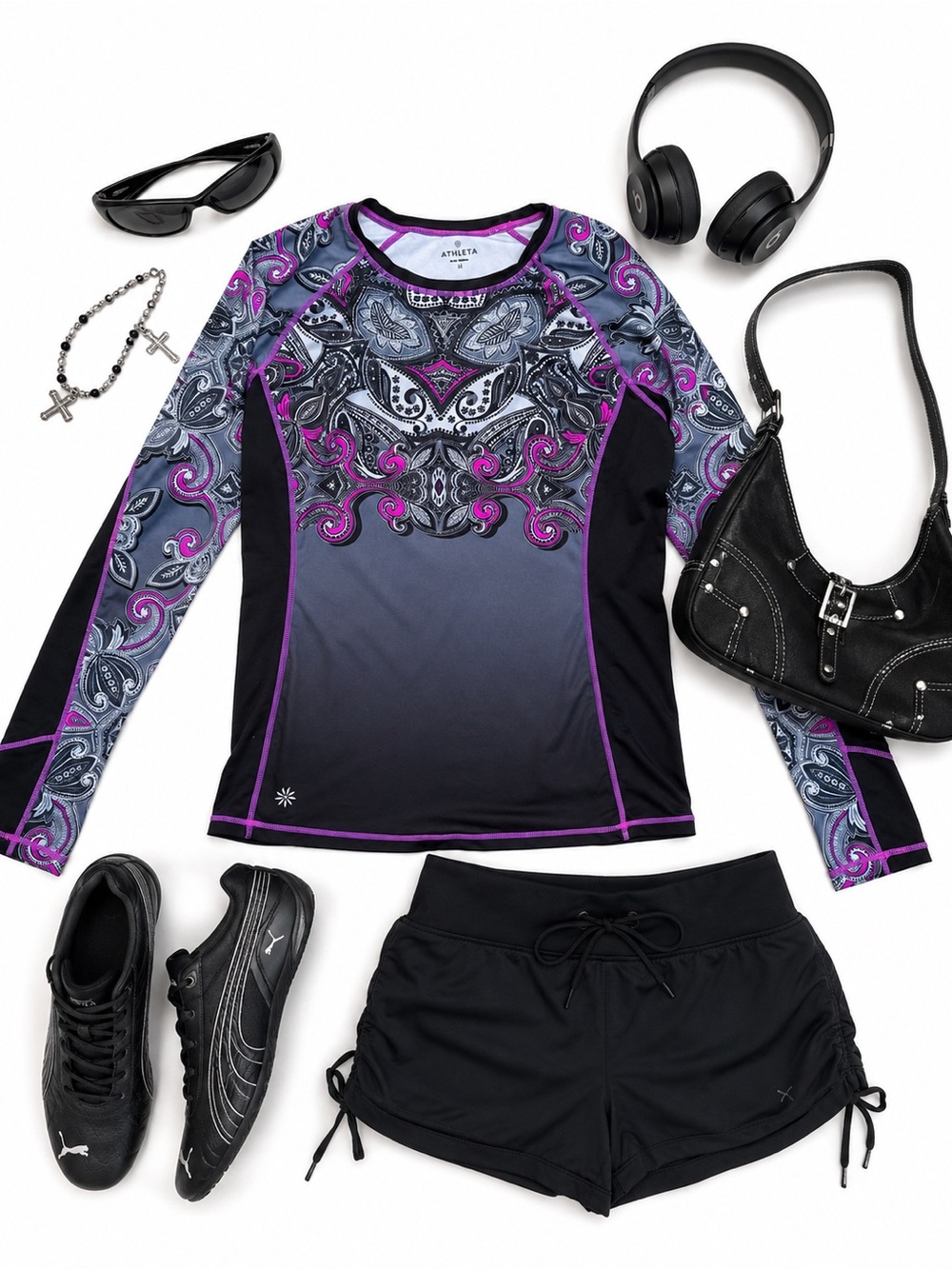 Y2K ATHLETA Paisley Long Sleeve Rare 2000s Activewear Top Size Medium Grunge